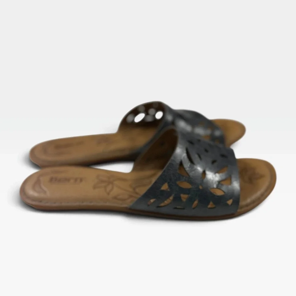 Born Sandals Yesica Womens 10 Blue Leather Laser Cut Floral Slide NEW